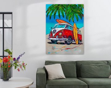 Oude Volkswagen bus op het strand van Happy Paintings