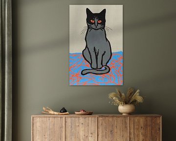 Vintage zwarte en grijze kat zittend op tapijt - woonkamer muurkunst van Canvas Chronicles