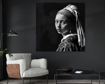 Girl with a pearl earring in black and white by Vlindertuin Art