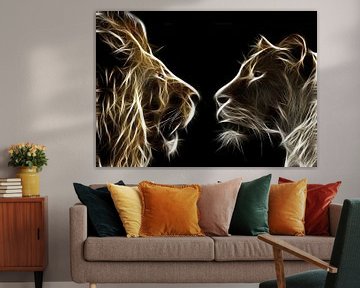 Löwe und Löwin in 3D-Streifen und Linien