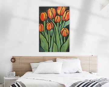 Bos oranje tulpen (aquarel schilderij Nederland strakke lijnen groen vrolijk bloembollen zwart tuin) van Natalie Bruns