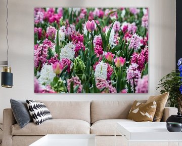 flower field with hyacinth and tulips by monique van leent