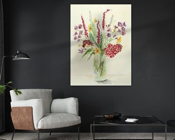 Vase avec mélange de fleurs colorées (bouquet sauvage mélangé de couleurs pastel gaies peinture aqua