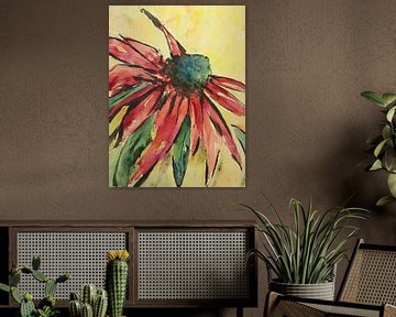 Ruig geschilderde rode bloem op gele achtergrond (modern abstract aquarel schilderij zomer vrolijk)