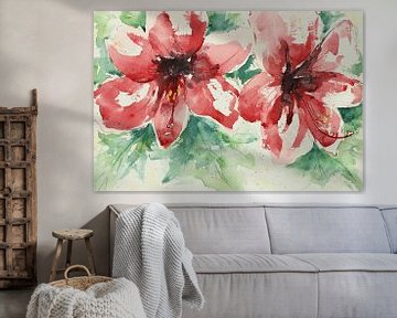 Rode amaryllis losjes geschilderd met waterverf (vrolijk zomers stoer vrouwelijk woonkamer modern)
