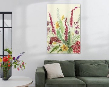 Colourful flower mix (wildflower bouquet flower field cheerful watercolour painting garden nature wa by Natalie Bruns