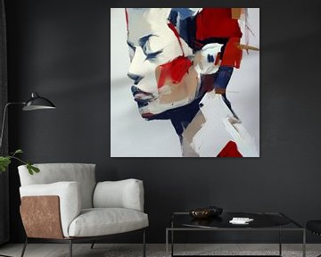 Modern abstract portret in stevige kleuren van Carla Van Iersel
