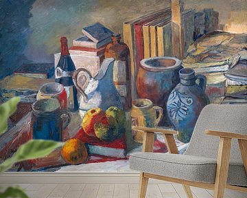 Still life painting with jugs, pitchers, bottles and books by Galerie Ringoot