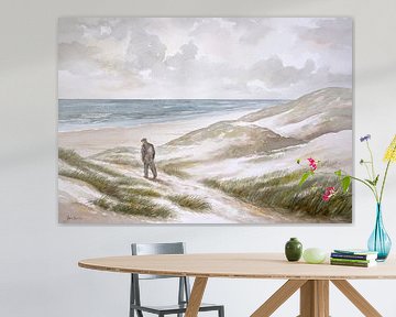 Wandelaar in de duinen langs de Nederlandse Noordzee kust - aquarel op papier