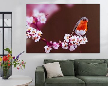 Robin on a blossoming cherry tree in springtime by Animaflora PicsStock