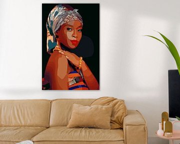 Femme africaine avec un foulard sur fond noir sur The Art Kroep