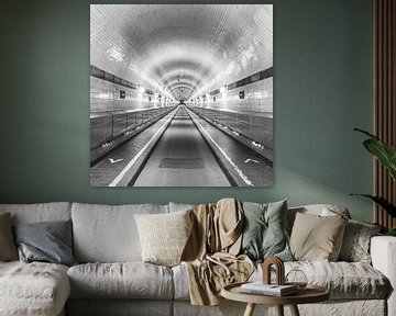 Vieux tunnel de l'Elbe à Hambourg - noir et blanc sur Werner Dieterich