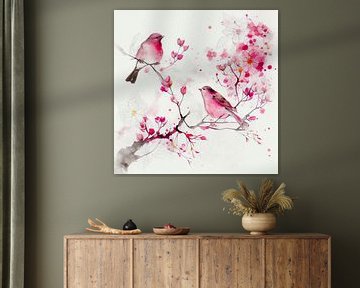 Pink Cherryblossoms & pink birds van Bianca ter Riet