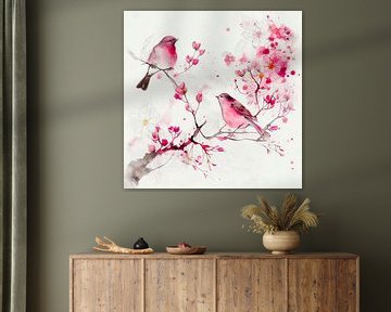 Pink Cherryblossoms & pink birds van Bianca ter Riet