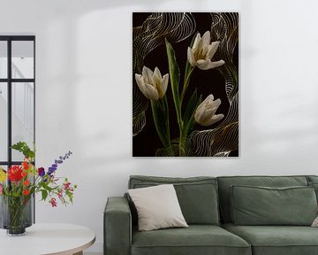 Nederlandse witte tulpen met digitale grafische lijnen van Misty Melodies