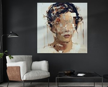 Portrait abstrait dans les tons beige, blanc, brun et noir sur Carla Van Iersel