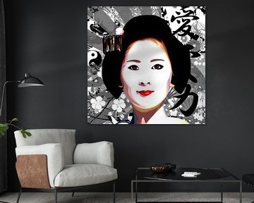 Portret van een Japanse vrouw op een zwart/witte achtergrond van Jole Art