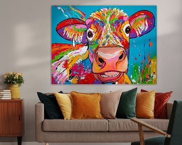 Bunte Kuh in Blau von Happy Paintings