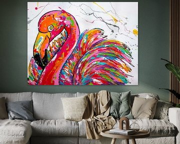 Flamingo in wit van Happy Paintings