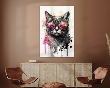Trendy kat met roze zonnebril van Poster Art Shop