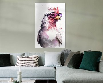 Charmante kip met roze zonnebril en waterverf van Poster Art Shop