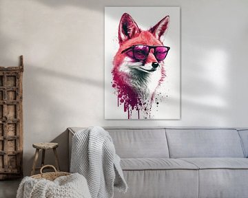 Cool renard avec lunettes de soleil roses et peinture à l'eau sur Felix Brönnimann