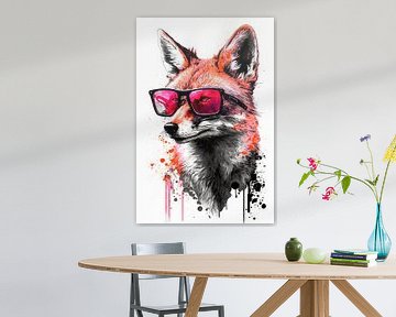Cooler Fuchs mit Pinker Sonnenbrille und Wasserfarben