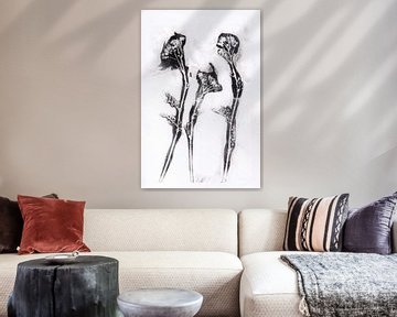 Zwarte bloemen in retrostijl. Moderne botanische minimalistische kunst in zwart en wit. van Dina Dankers