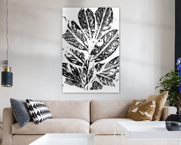 Zwarte bladeren in retrostijl. Moderne botanische minimalistische kunst in zwart en wit. van Dina Dankers