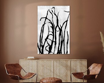 Zwart gras in retrostijl. Moderne botanische minimalistische kunst in zwart en wit. van Dina Dankers