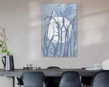 Ikigai.  Blue Grass and Moon. Abstract minimalist Zen art. Japandi style  I by Dina Dankers