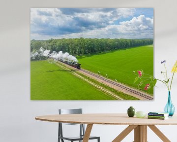 Steam train with smoke from the locomotive driving through the c by Sjoerd van der Wal