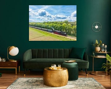 Steam train with smoke from the locomotive driving through the c by Sjoerd van der Wal