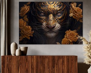Tiger with golden mask and yellow flowers by Digitale Schilderijen