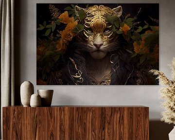Tigre avec masque doré, fleurs jaunes et feuilles vertes sur Digitale Schilderijen