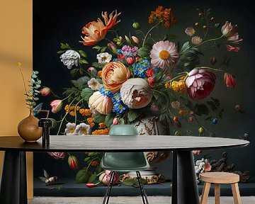 Digitaal stilleven met veel gekleurde bloemen van Digitale Schilderijen