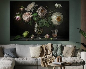 Digitaal stilleven met bloemen, fruit en glas van Digitale Schilderijen