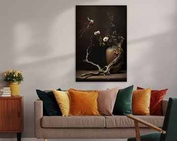 Surrealistisches Stilleben mit Blumen und einem Vogel von Digitale Schilderijen
