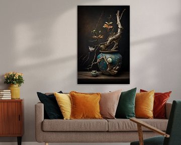 Surrealistisch stilleven met blauwe vaas en bonsai stijl van Digitale Schilderijen