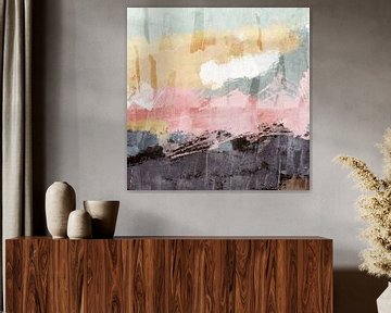 Modern abstract expressionistisch schilderij in pastelkleuren roze, geel, groen, paars