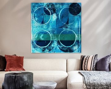 Moderne abstracte geometrische kunst met cirkels in retrostijl in blauw en groen van Dina Dankers