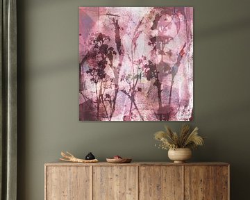 Modern abstract botanical art in pastel colors. Pink and brown flowers by Dina Dankers