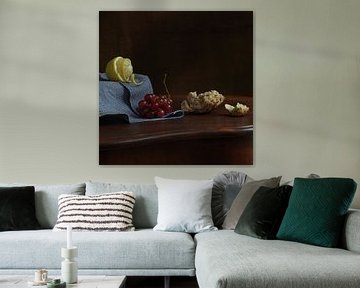 Still life with lemon grapes and bread by Jennie Schotman