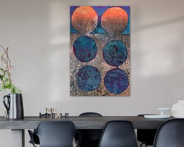 Modern abstract geometric minimalist art in neon orange, blue and rusty bronw by Dina Dankers