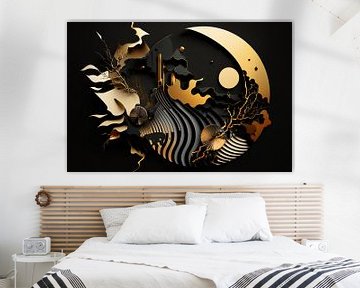 Abstract digital painting gold black as circle by Digitale Schilderijen