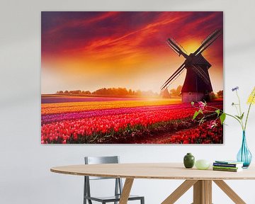 Alte Windmühle in einem Tulpenfeld in Holland Illustration von Animaflora PicsStock