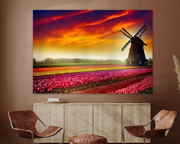 Oude windmolen in een tulpenveld in Nederland Illustratie