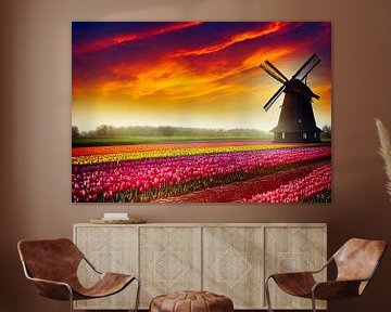 Oude windmolen in een tulpenveld in Nederland Illustratie van Animaflora PicsStock