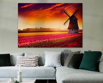 Oude windmolen in een tulpenveld in Nederland Illustratie