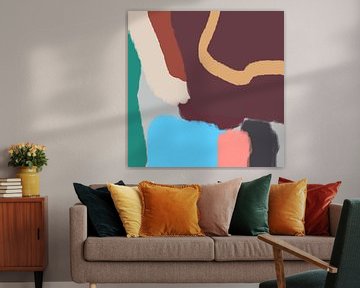 Retro 70s pastel abstract art in brown, blue, green, pink by Dina Dankers